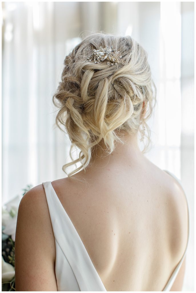 Gorgeous up-do Timeless and Classic Bridal Photo Meadowbrook Hall Wedding Michigan by Alicia Frances Photography